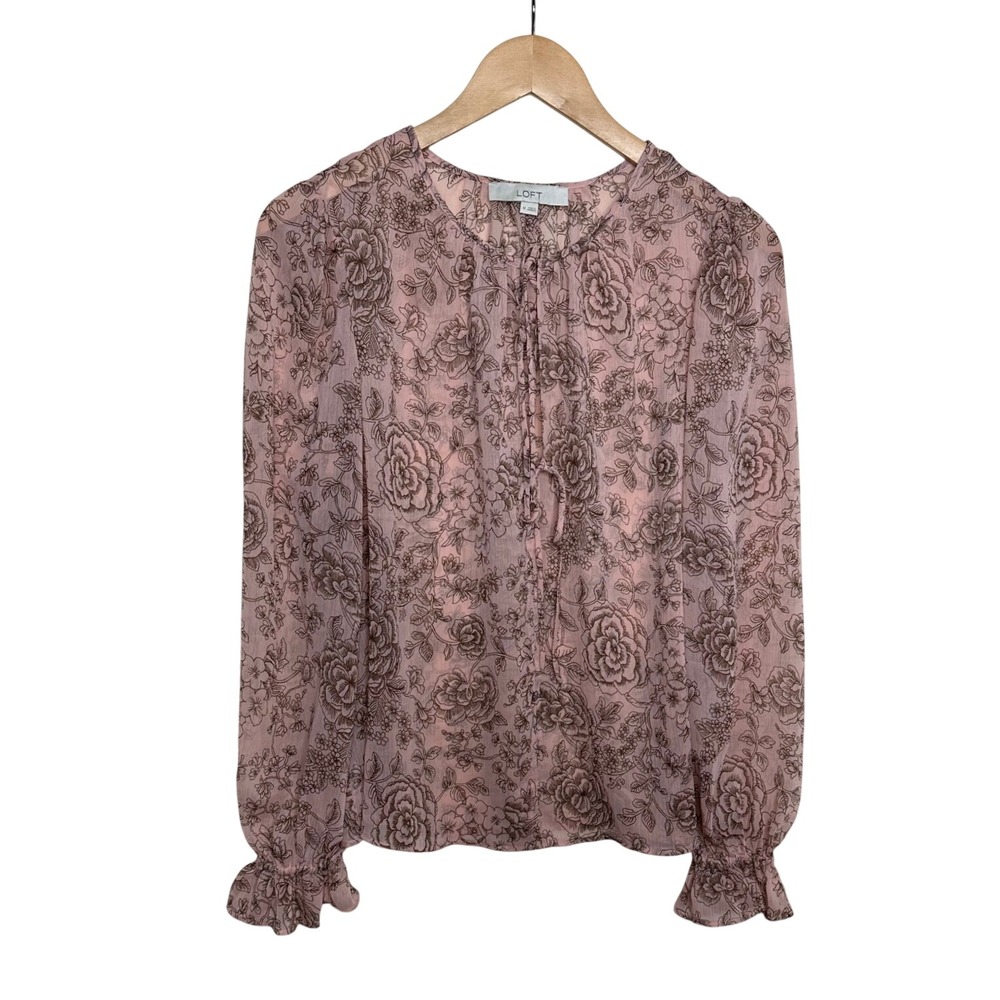 Loft Etched Floral Print Tie-Neck Long Sleeve Blouse size Medium Pink